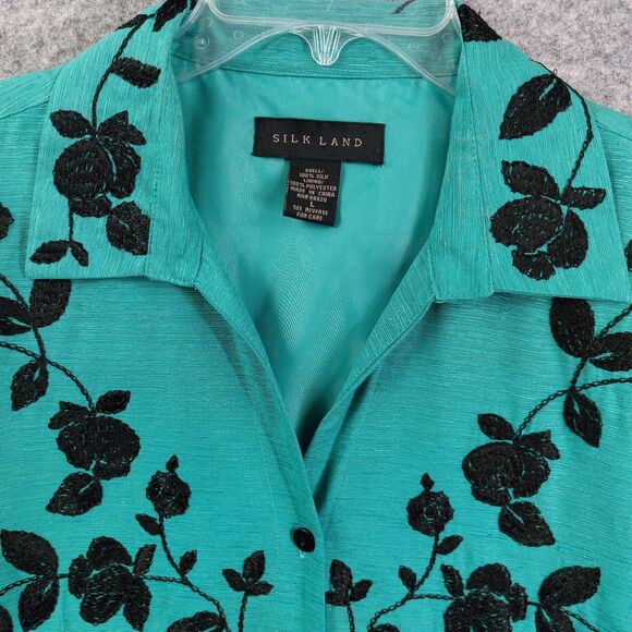 Silkland Embroidered Jacket Large Teal Green 100% Silk Floral Blazer Belted - Picture 3 of 10